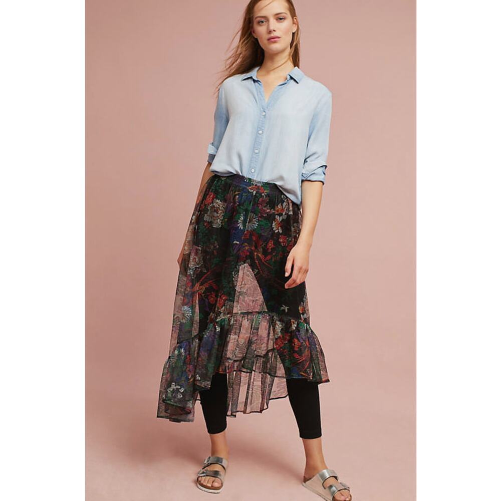 Anthropologie Black Sheer Floral Asymmetrical Midi Skirt